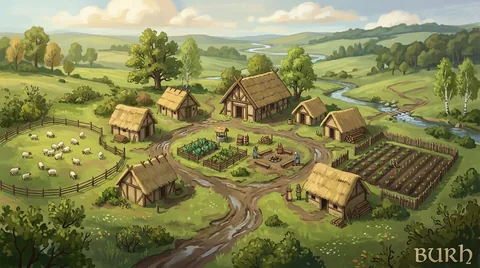 Hand-painted concept of thatched cottages around a looping path, sheep pasture and a green river valley in spring.
