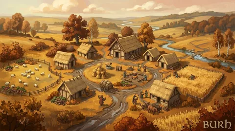 The same village in autumn, surrounded by orange trees and golden crops, with sheaves and carts beside the cottages.