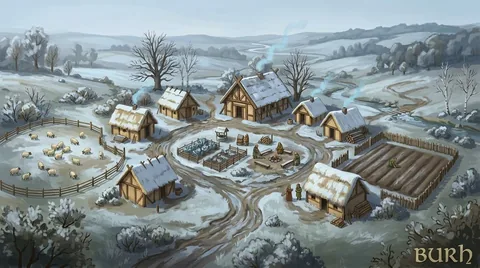 The village in winter, with snow-covered thatched roofs, bare trees, sheep and a pale blue river valley.
