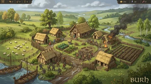 Concept illustration of raiders landing from longships while villagers defend a palisade and a cottage burns. Mock interface elements are part of the artwork.