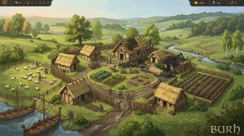 Concept of the settlement after a raid, with damaged thatched buildings, repair work and longships beside the water. Mock interface elements are part of the artwork.