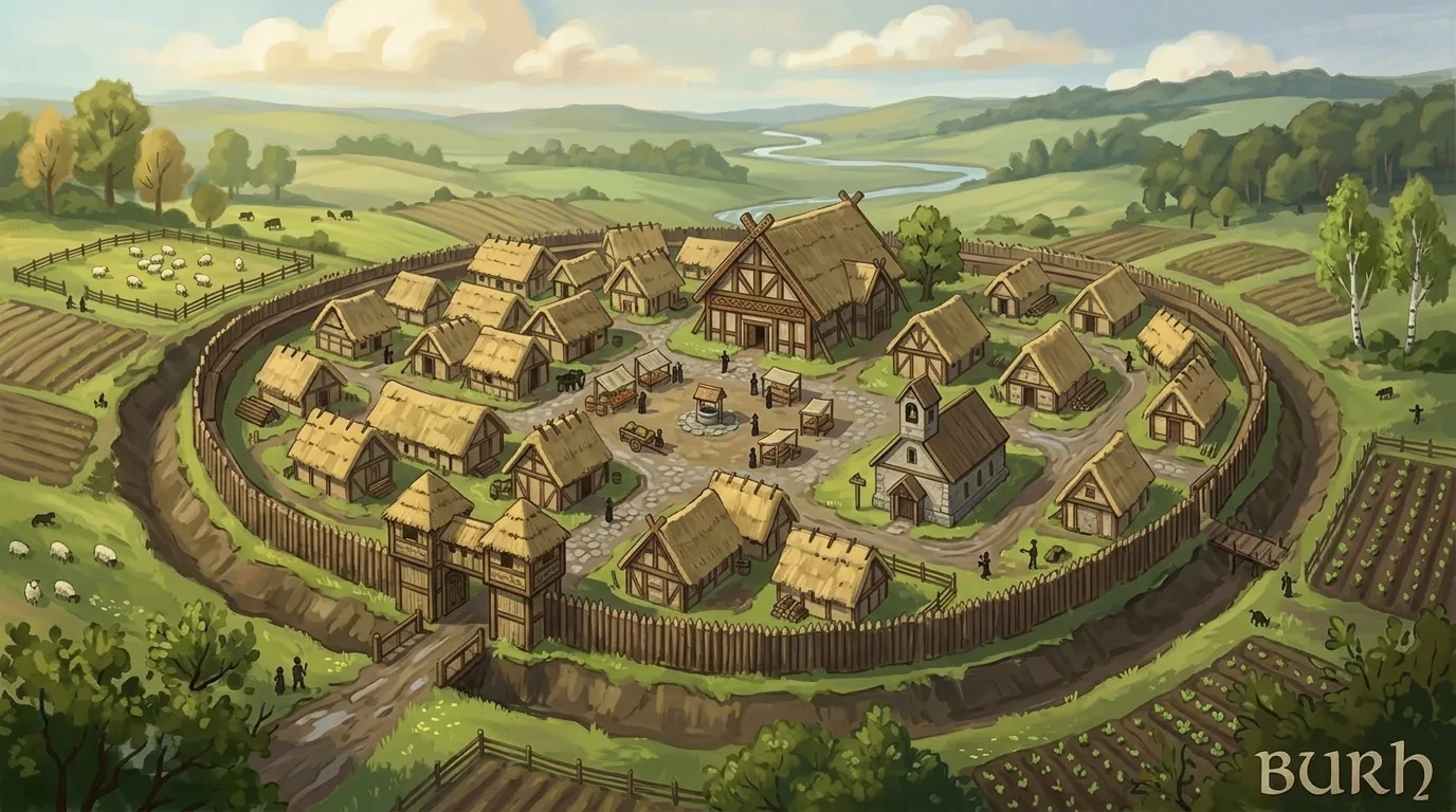 Concept of a larger village enclosed by a timber palisade and ditch, with a gate, market square, hall, houses and a small church.