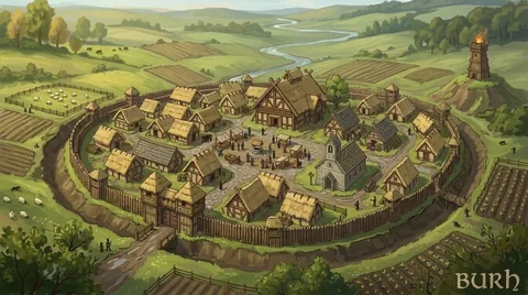 Concept of a prosperous fortified settlement with larger buildings, a raised beacon, earthworks and farmland in a green valley.