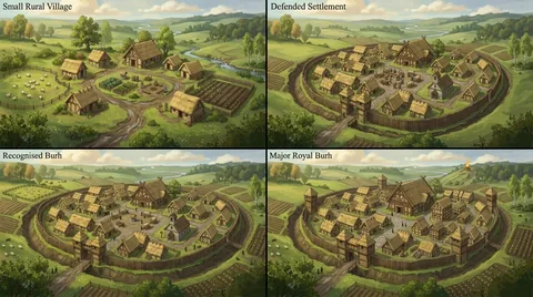 A four-panel concept board comparing a small rural village, defended settlement, recognised burh and major royal burh.
