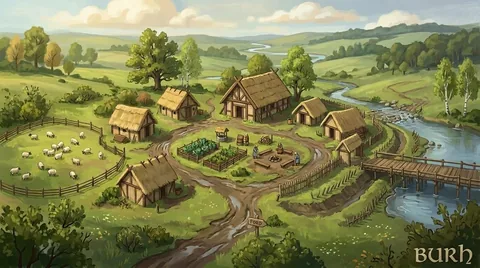 Hand-painted landscape concept. River paths and a timber bridge shape a settlement concept. Visual development, not a gameplay screenshot.