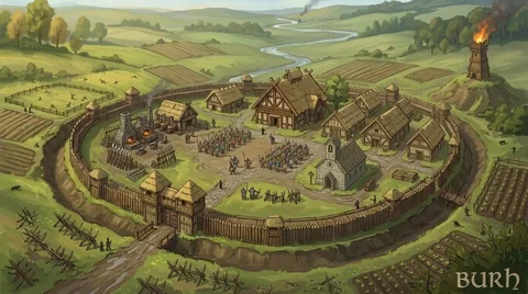 Hand-painted landscape concept. A more fortified frontier settlement concept. Visual development, not a gameplay screenshot.