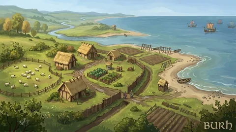 Hand-painted landscape concept. An exposed coast and approaches from the water. Visual development, not a gameplay screenshot.