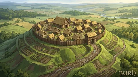 Hand-painted landscape concept. A hilltop stronghold with terraced approaches. Visual development, not a gameplay screenshot.