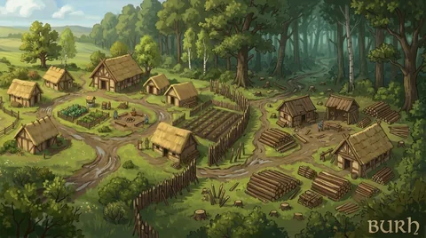 Hand-painted landscape concept. Woodland, winding paths and a sheltered village. Visual development, not a gameplay screenshot.