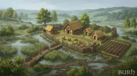 Hand-painted landscape concept. A wetland settlement connected by narrow crossings. Visual development, not a gameplay screenshot.