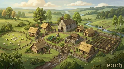 Hand-painted landscape concept. A church-centred community in the river valley. Visual development, not a gameplay screenshot.