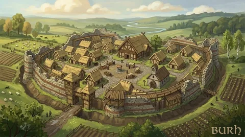 Hand-painted landscape concept. An exploration of older masonry reused around timber buildings. Visual development, not a gameplay screenshot.