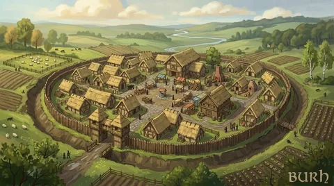 Hand-painted landscape concept. Planned streets and a gathering place within the defences. Visual development, not a gameplay screenshot.
