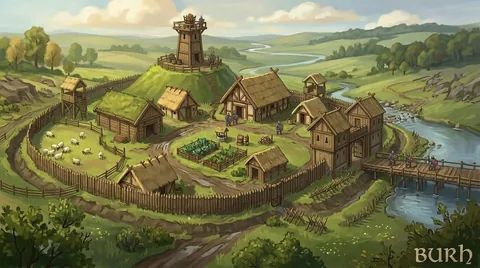 Hand-painted landscape concept. A bridge, lookout and beacon in one landscape study. Visual development, not a gameplay screenshot.