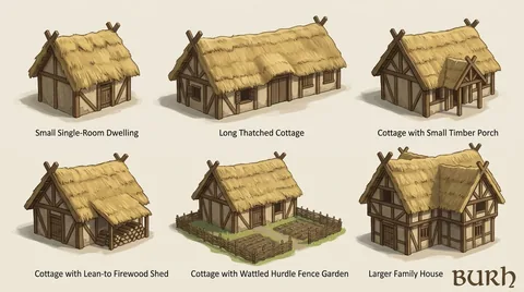 Hand-painted building reference sheet. Cottage silhouettes, thatched roofs and small household plots. Visual development, not a gameplay screenshot.