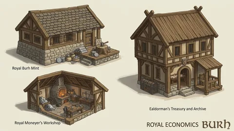 Hand-painted building reference sheet. Mint and treasury ideas for a more established burh. Visual development, not a gameplay screenshot.