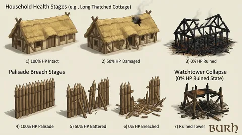 Hand-painted building reference sheet. Damage-state studies for cottages, defences and towers. Visual development, not a gameplay screenshot.