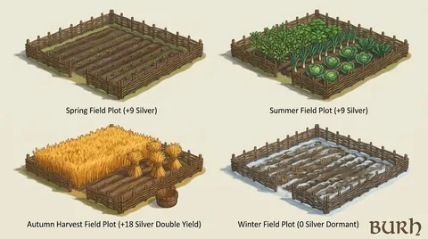 Hand-painted building reference sheet. Field plots from spring planting to winter dormancy. Visual development, not a gameplay screenshot.