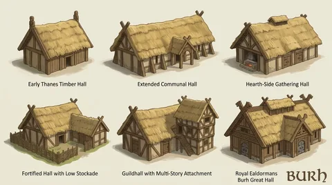 Hand-painted building reference sheet. Hall variations from modest gathering place to ambitious stronghold. Visual development, not a gameplay screenshot.