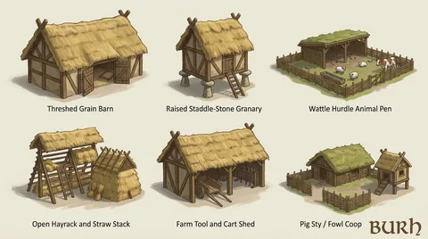 Hand-painted building reference sheet. Barns, stores, hayracks and animal pens. Visual development, not a gameplay screenshot.