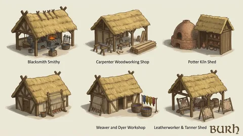 Hand-painted building reference sheet. Workshop studies: timber, iron, pottery, cloth and leather. Visual development, not a gameplay screenshot.