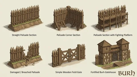 Hand-painted building reference sheet. Modular palisades, gates and fighting platforms. Visual development, not a gameplay screenshot.