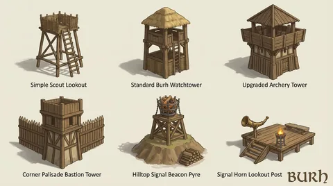 Hand-painted building reference sheet. Lookouts, watchtowers and warning-beacon studies. Visual development, not a gameplay screenshot.