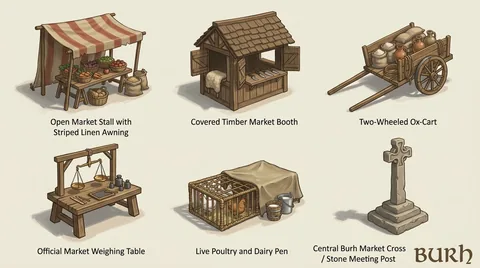 Hand-painted building reference sheet. Stalls, booths, carts and everyday market details. Visual development, not a gameplay screenshot.