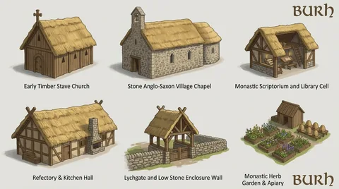 Hand-painted building reference sheet. Churches, gardens and community-building studies. Visual development, not a gameplay screenshot.