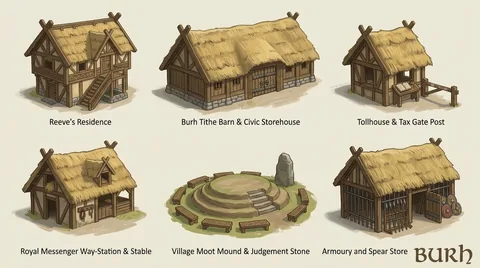 Hand-painted building reference sheet. Exploring official buildings, meeting places and stores. Visual development, not a gameplay screenshot.